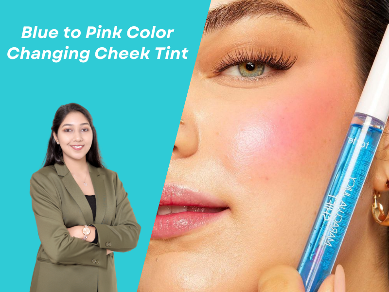 A high impact makeup graphic. On the left, a female professional formulator is shown against a bright teal background. On the right, a close up shows a person's cheek with a soft pink blush. A clear applicator wand containing a vibrant, translucent blue liquid is held near the face, demonstrating the "Blue to Pink" color changing effect.