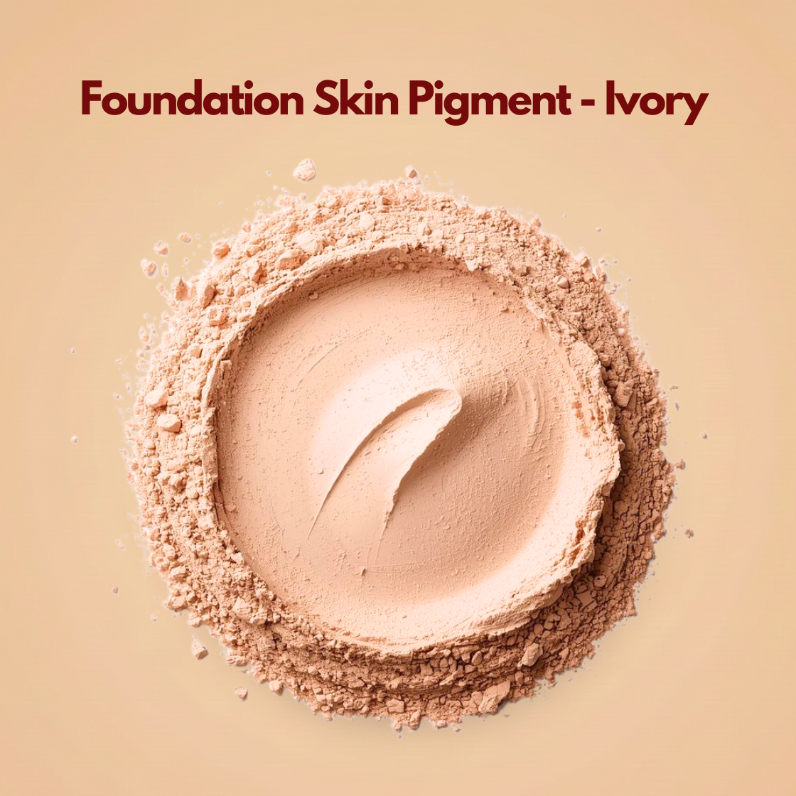 Top view of ivory foundation pigment powder arranged in a circular pressed layer with soft beige undertones and scattered loose particles around the edge. The texture appears smooth and cosmetic grade with a natural matte finish. This foundation skin pigment powder is designed for creating light shade makeup and base formulations.