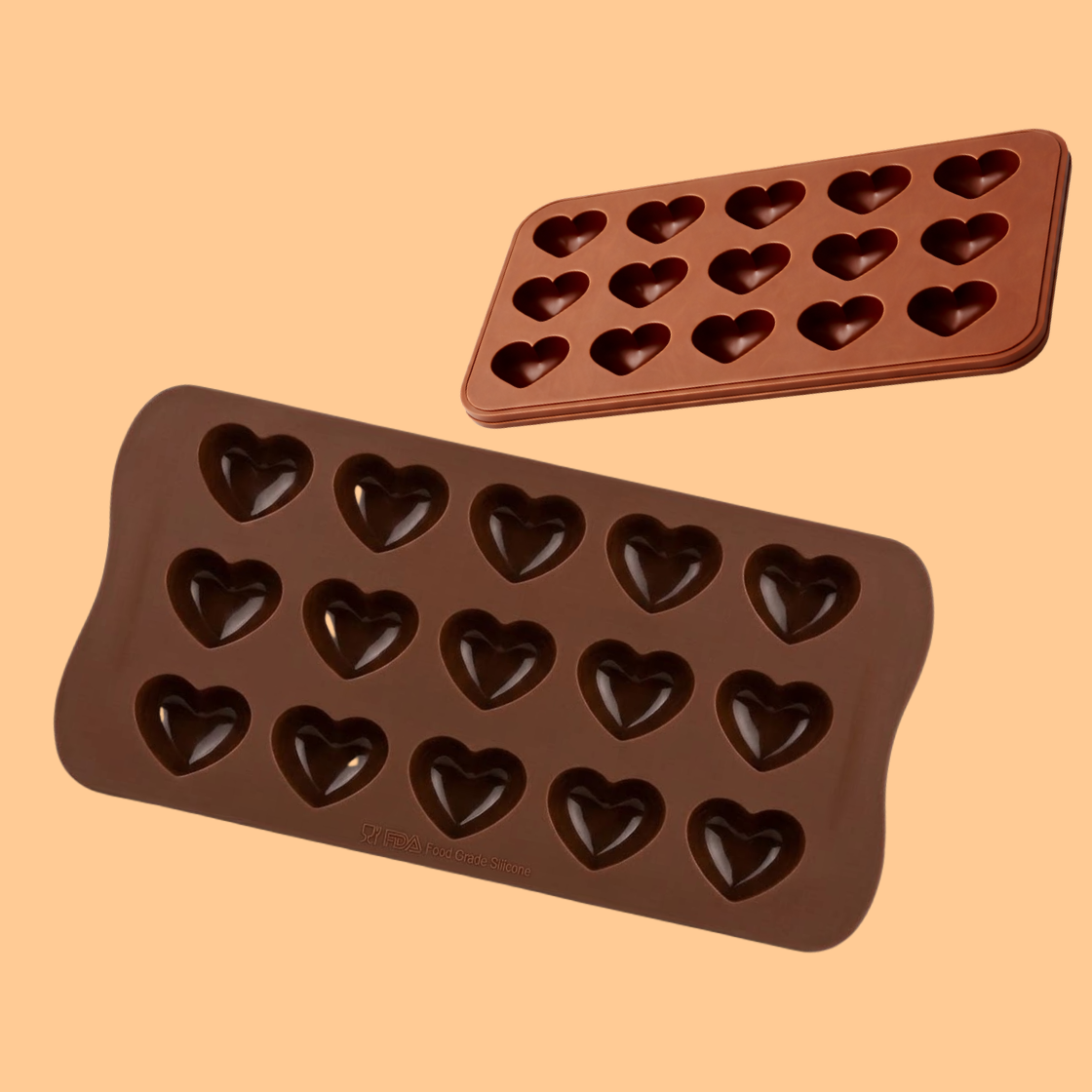  Brown silicone heart shaped soap mold tray with multiple heart cavities placed on white background, flexible mold used for handmade heart soaps, DIY soap crafting, bath bomb molds, and cosmetic product making also another silicone heart soap mold tray displayed from different angle showing multiple heart shaped cavities for small decorative soaps, reusable mold used for handmade soap making, DIY bath product crafting  and cosmetic molds.

