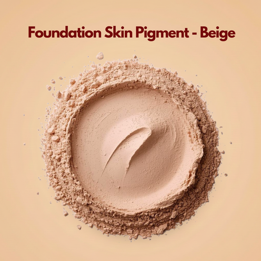Circular spread of beige foundation pigment powder with warm neutral undertones and a smooth pressed center. Fine loose particles frame the outer edge, showing its soft mineral texture. This cosmetic foundation pigment powder is used for medium skin tone makeup and professional base formulations.