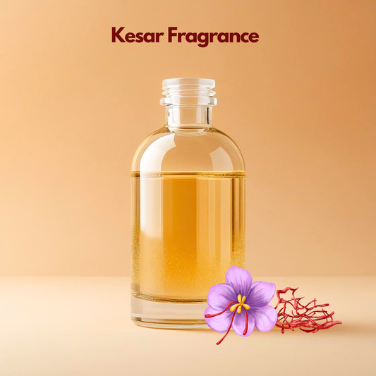 Transparent bottle filled with golden liquid labeled Kesar Fragrance with saffron threads and a purple saffron flower illustrated at the base. This oil soluble fragrance for cosmetics captures a luxurious saffron inspired scent for premium formulations.