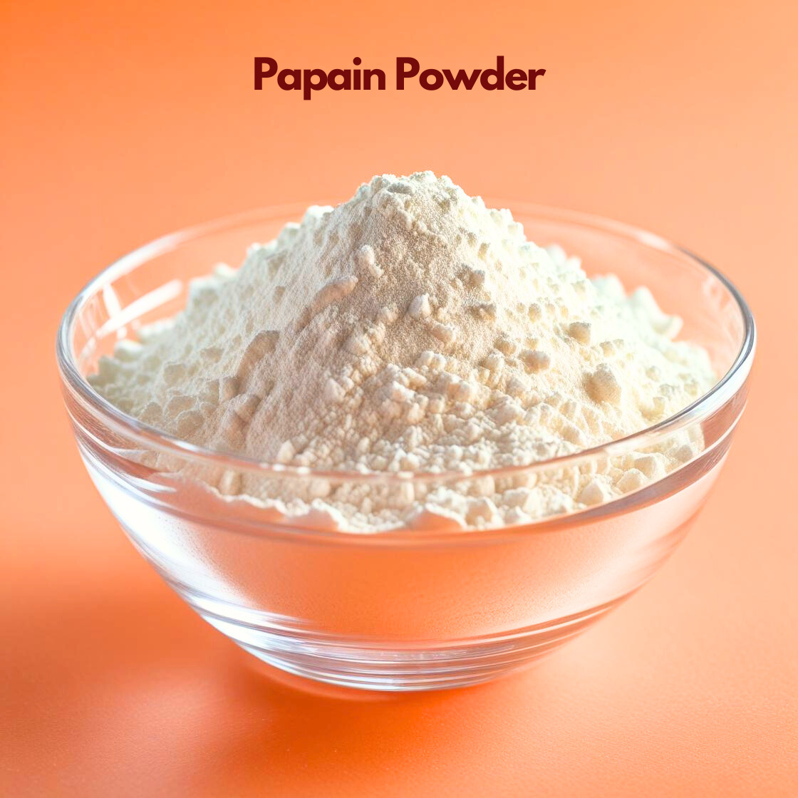 Glass bowl containing a mound of fine off white papain powder labeled Papain Powder placed on an orange background. Papain is a natural enzyme derived from papaya used in cosmetic skincare formulations for gentle exfoliation and skin renewal.
