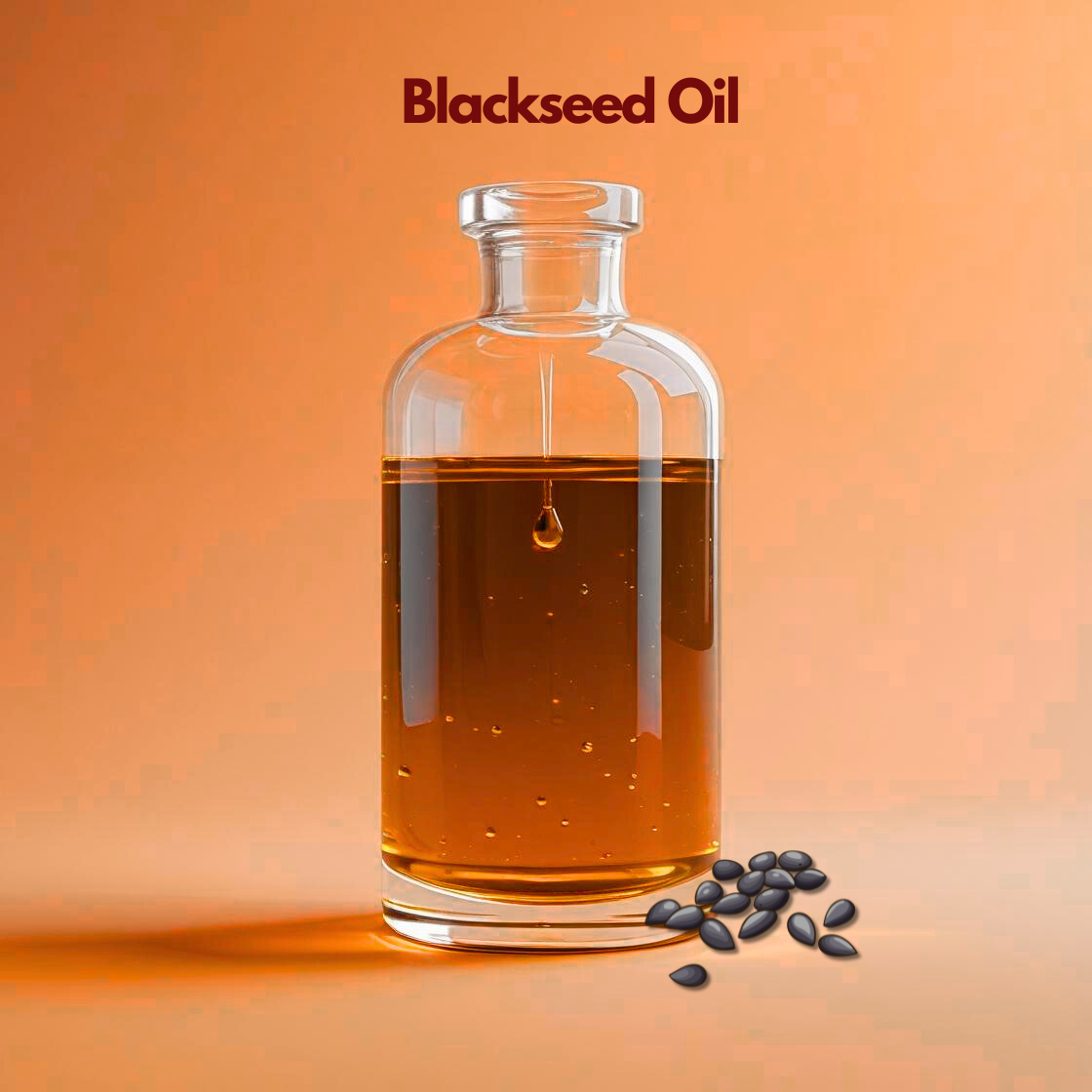 Pure blackseed oil in transparent glass bottle with black cumin seeds,  carrier oil from our carrier oil collection used in haircare, skincare and herbal cosmetic products.