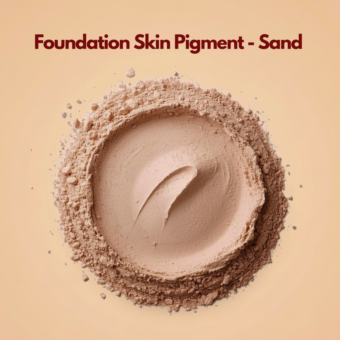 Circular spread of sand toned foundation skin pigment powder with a creamy beige shade and finely milled matte surface. Loose powder fragments frame the edges while the center shows a smooth blended texture. This foundation pigment powder is designed for medium skin tone base makeup and professional cosmetic formulations.