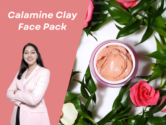  A clean, floral graphic. A pink jar is shown from an aerial view, filled with thick, textured peach colored calamine clay. The jar is framed by lush green leaves and vibrant pink roses. On the left, a professional formulator stands against a soft pink background. The text "Calamine Clay Face Pack" is centered at the top.