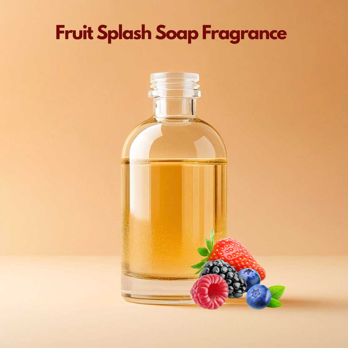 Glass bottle containing "Fruit Splash Soap Fragrance" with mixed berries illustration, fruity soap fragrance used for handmade soaps, bath products and cosmetic formulations.
