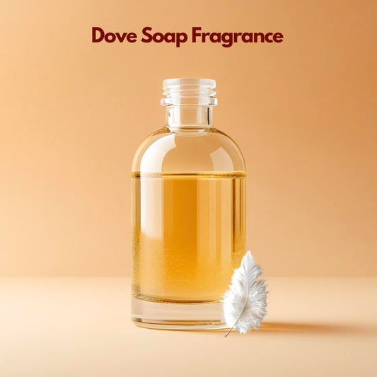 Transparent bottle filled with "Dove Soap Fragrance" with soft feather illustration, clean powdery soap fragrance used for beauty soaps, bath bars and personal care products.