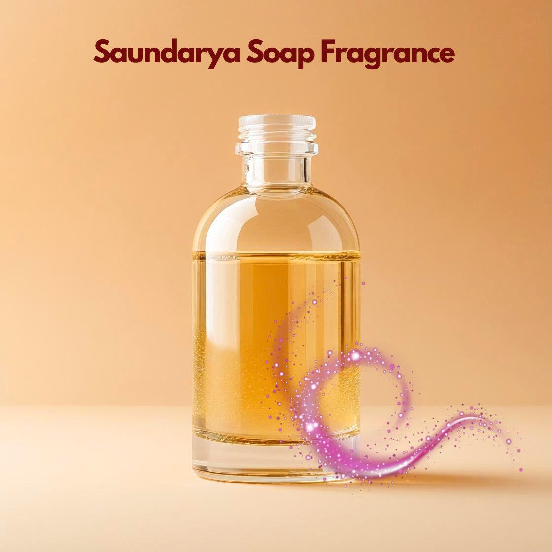 Transparent bottle containing amber colored "Saundarya Soap Fragrance Oil" with magical sparkle effect, cosmetic fragrance used in handmade soaps, bath products and skincare formulations.