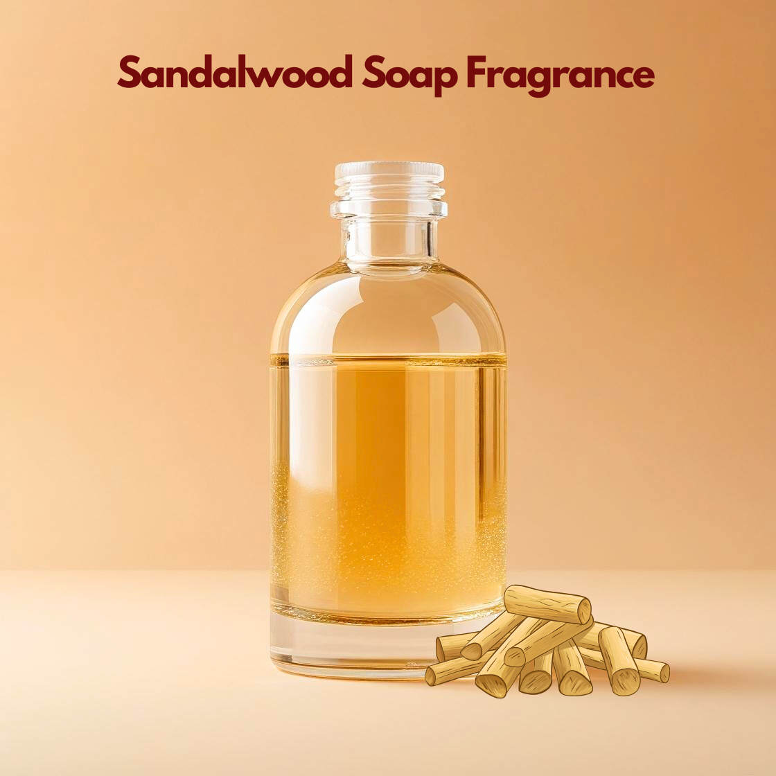 Clear glass bottle filled with "Sandalwood Soap Fragrance Oil" placed beside sandalwood sticks, fragrance oil used for handmade soaps, natural skincare products and cosmetic formulations.