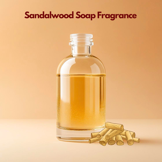 Clear glass bottle filled with "Sandalwood Soap Fragrance Oil" placed beside sandalwood sticks, fragrance oil used for handmade soaps, natural skincare products and cosmetic formulations.