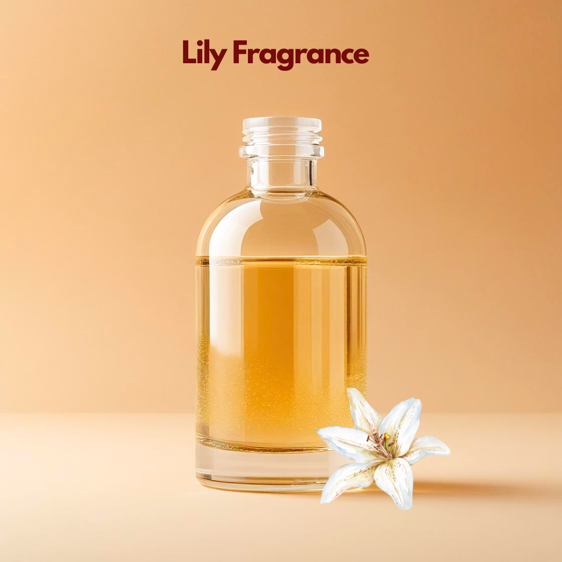 Lily water soluble fragrance oil for cosmetic formulations in transparent glass bottle.
