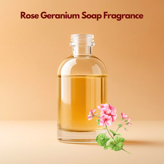 Glass bottle with golden "Rose Geranium Soap Fragrance" and pink geranium flowers illustration, soap fragrance oil used for floral soaps, skincare products and handmade cosmetic formulations.