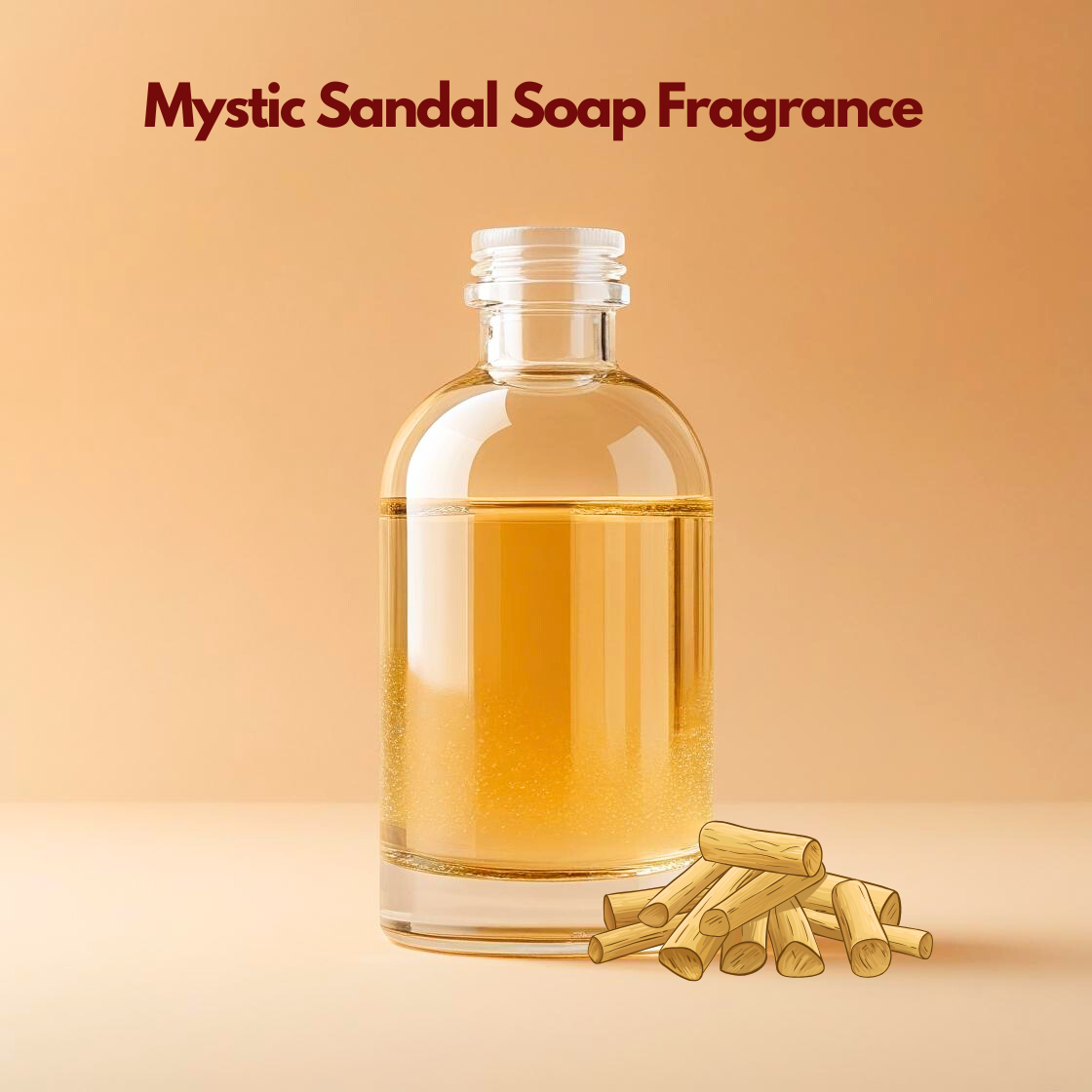 Bottle containing mystic sandal soap fragrance oil with sandalwood sticks illustration, fragrance oil used in traditional sandal soaps, skincare products and herbal cosmetic formulations.