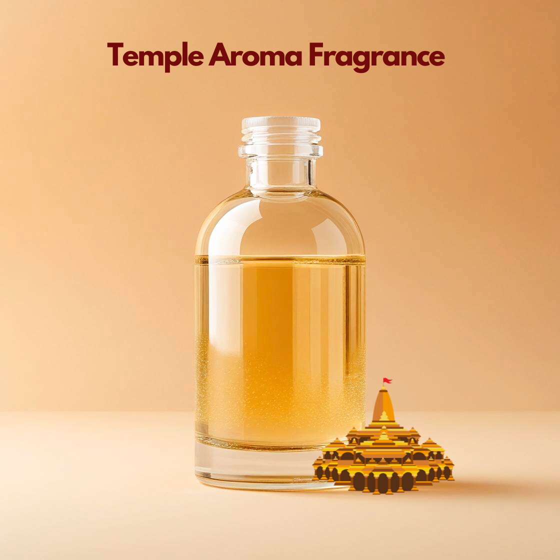 Clear glass bottle filled with golden liquid labeled Temple Aroma Fragrance on a warm beige background with a small temple illustration at the base. This oil soluble fragrance for cosmetics evokes a traditional spiritual scent profile ideal for soaps, candles, and personal care formulations.