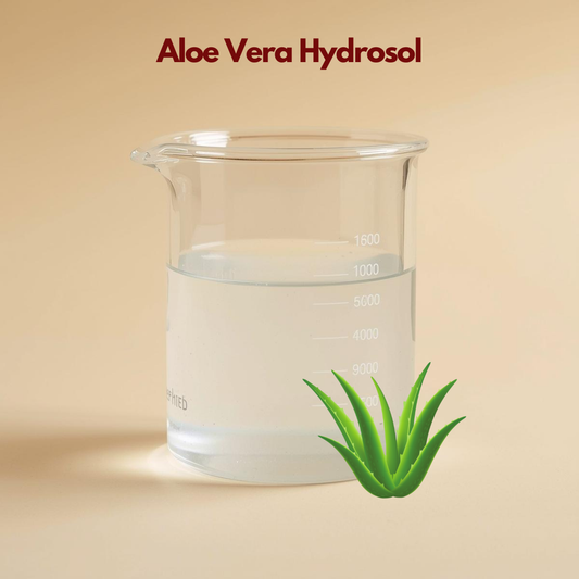Glass beaker filled with clear liquid labeled Aloe Vera Hydrosol against a neutral beige background with an aloe plant illustration in the corner. This aloe vera hydrosol is presented as a gentle hydrating botanical floral water for soothing and refreshing the skin.