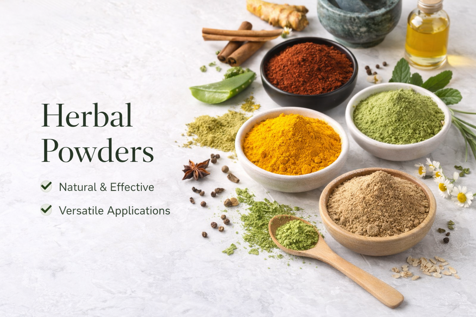 Herbal powders in bowls with spices and herbs on a light surface
