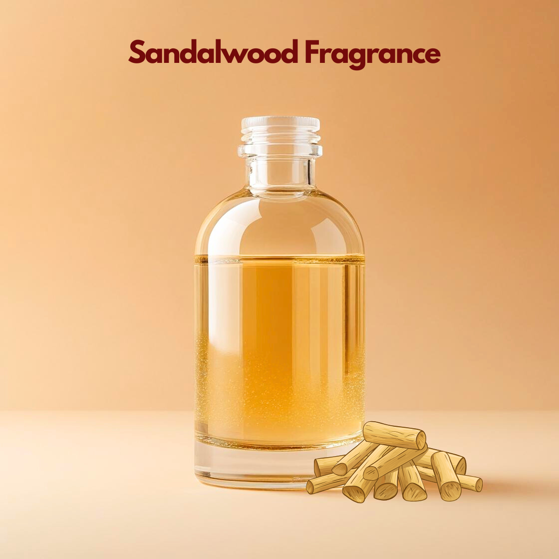 Transparent fragrance bottle labeled Sandalwood Fragrance with stacked sandalwood sticks illustrated beside it. This oil soluble fragrance for cosmetics delivers a warm woody scent ideal for soaps, oils & traditional formulations.