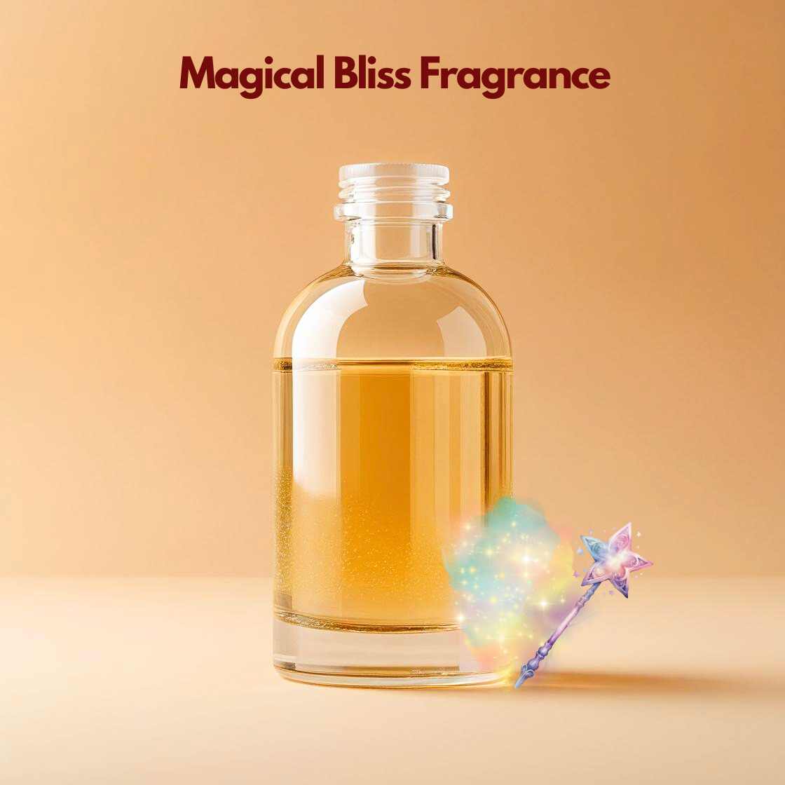 Clear glass bottle filled with golden liquid labeled Magical Bliss Fragrance on a warm beige background with a small glowing magic wand illustration near the base. This oil soluble fragrance for cosmetics suggests a playful sweet aroma ideal for creative soap and personal care formulations.