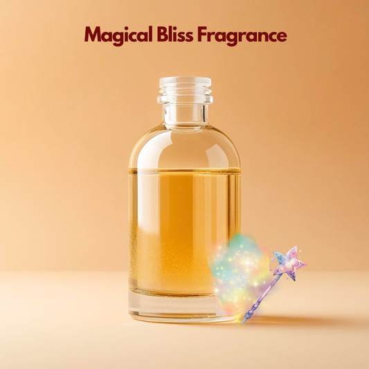 Clear glass bottle filled with golden liquid labeled Magical Bliss Fragrance on a warm beige background with a small glowing magic wand illustration near the base. This oil soluble fragrance for cosmetics suggests a playful sweet aroma ideal for creative soap and personal care formulations.