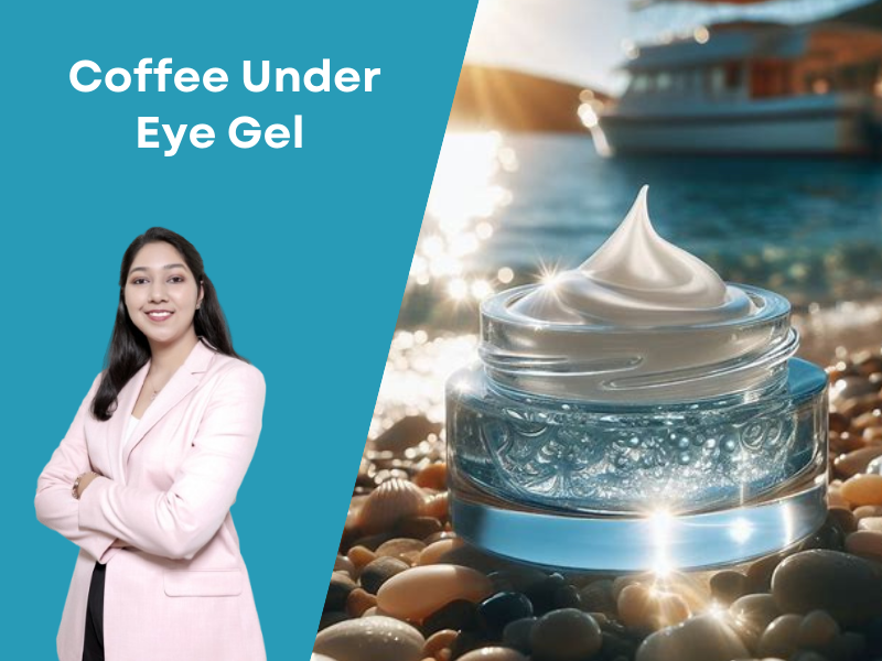 A luxury spa graphic. A clear glass jar contains a smooth, white under eye cream resting on a bed of smooth beach pebbles near the ocean. The sunlight sparkles off the water in the background. A professional formulator is shown on the left against a teal background. The text "Coffee Under Eye Gel" is featured at the top.