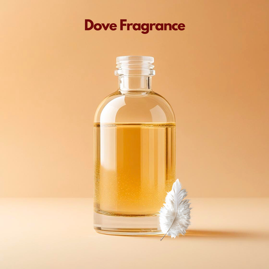 Transparent bottle containing amber liquid labeled Dove Fragrance with a soft white feather illustration placed beside it. This oil soluble fragrance for cosmetics reflects a clean gentle scent profile suited for soaps, lotions, and body care products.