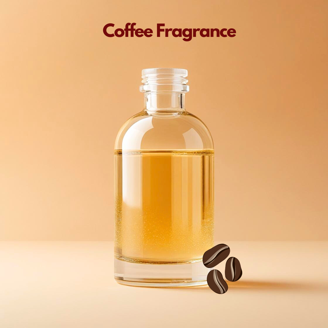 Glass bottle filled with golden liquid labeled Coffee Fragrance with illustrated coffee beans at the base. This oil soluble fragrance for cosmetics delivers a rich roasted aroma perfect for soaps, scrubs, and candle formulations.