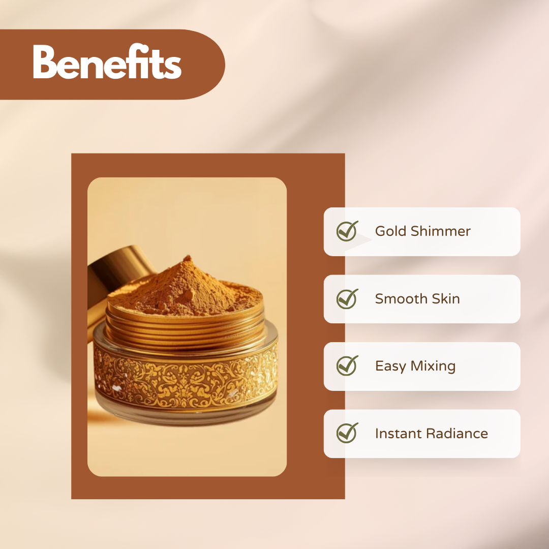 Infographic titled “Benefits” displaying a decorative cosmetic jar filled with gold shimmer powder used as a cosmetic ingredient. The graphic highlights formulation advantages including gold shimmer effect, smooth skin appearance, easy mixing in cosmetic formulations and instant radiance. This cosmetic "24K Luxe Glow Powder Mask Making Kit"  is commonly used in makeup products such as body glow products and luxury beauty formulations.