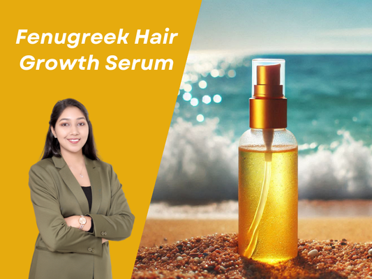 A sun drenched beach graphic. A clear spray bottle filled with a golden, translucent serum sits in the sand with the ocean waves in the background. On the left, a female professional formulator stands against a bright mustard yellow background. The text "Fenugreek Hair Growth Serum" is centered at the top.