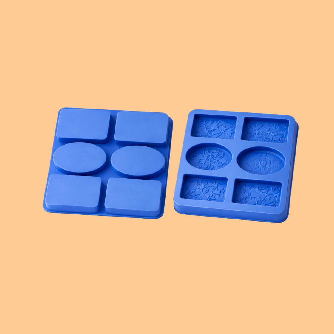  Two blue silicone soap mould trays showing embossed decorative cavity side and finished soap shape side, mold designed for handmade decorative soap bars, melt and pour soap crafting, and cosmetic product manufacturing.