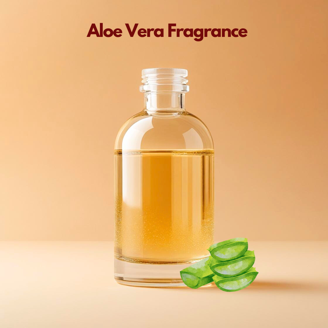  Transparent bottle filled with golden liquid labeled Aloe Vera Fragrance with fresh aloe slices illustrated beside it. This oil soluble fragrance for cosmetics offers a light refreshing green scent suitable for skincare and bath products.