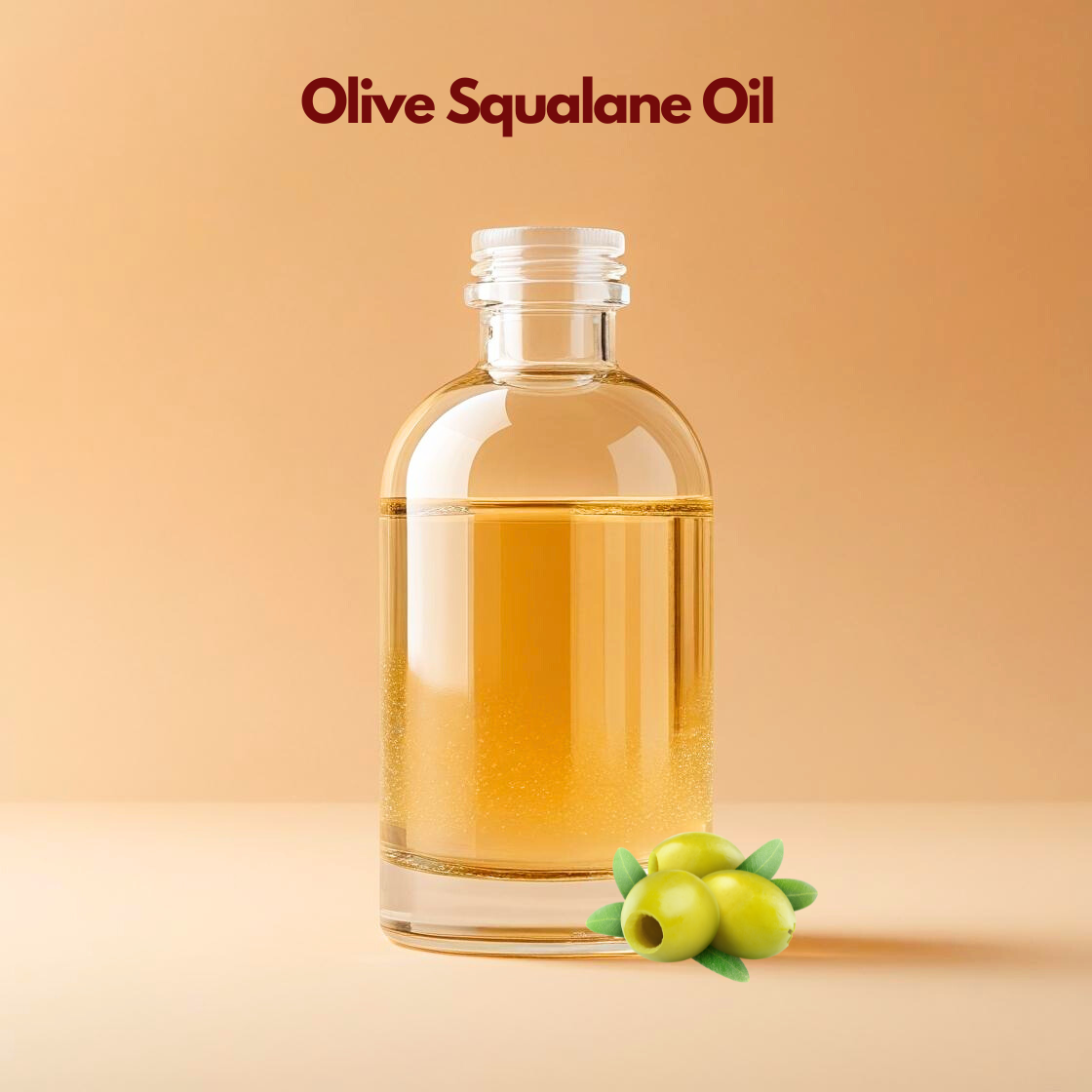 Olive squalane oil in clear bottle with green olives, lightweight non greasy carrier oil from our carrier oil collection perfect for facial serums, anti-aging skincare and premium cosmetic formulations.