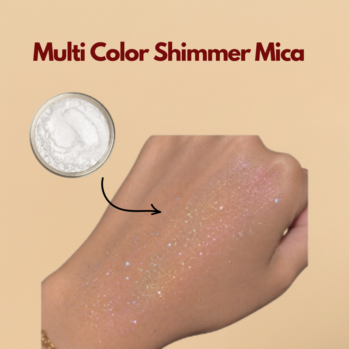 Multi color shimmer mica powder swatch applied on skin showing holographic reflective sparkle and cosmetic shimmer finish. The image features cosmetic grade mica pigment powder beside a hand swatch demonstrating the glittering rainbow effect used in highlighters, lip gloss, skincare products, body shimmer oils, soap making, and DIY cosmetic formulations.