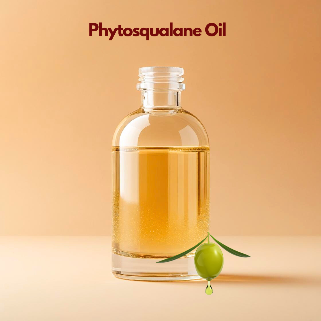 Phytosqualane oil in transparent glass bottle with olive illustration, plant derived carrier oil from our carrier oil collection used in hydrating serums, moisturizers and clean beauty skincare products.
