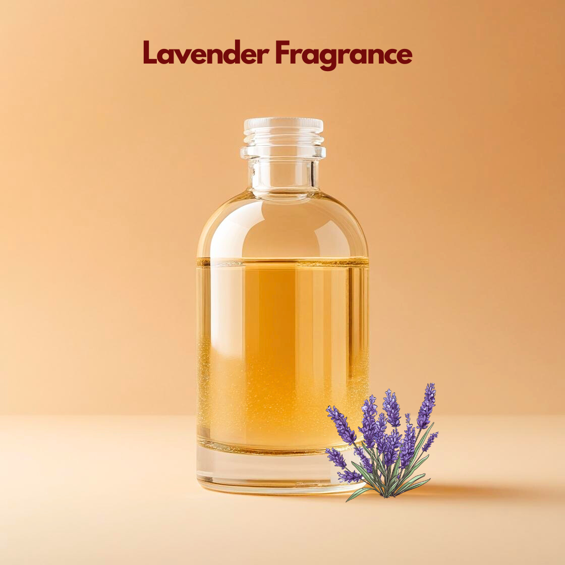Clear bottle filled with golden liquid labeled Lavender Fragrance with purple lavender sprigs placed near the base. This oil soluble fragrance for cosmetics provides a calming floral aroma ideal for soaps, oils and relaxation products.