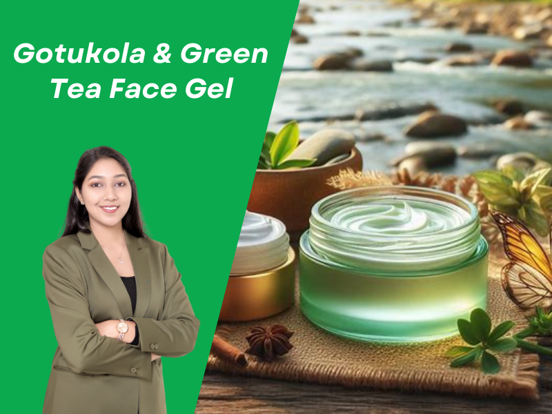 A nature inspired graphic. A clear glass jar filled with a light, mint green face gel sits on a burlap cloth next to cinnamon sticks, star anise, and a small bowl of green tea leaves. The background shows a peaceful flowing river with smooth stones. A professional formulator is featured on the left. The text "Gotukola & Green Tea Face Gel" is at the top.