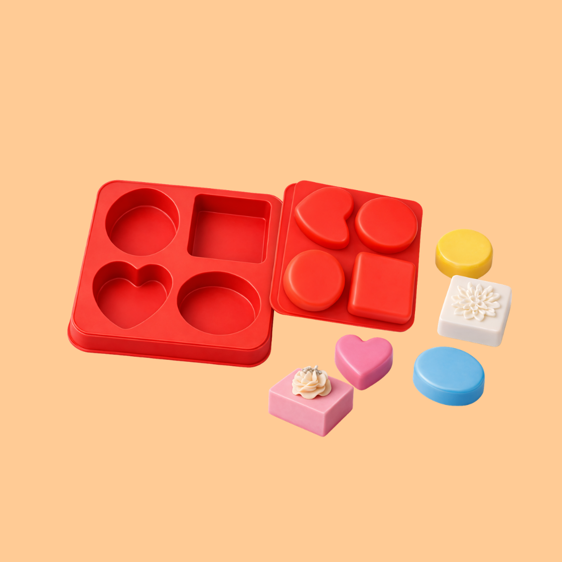 Two red silicone soap mould trays showing cavity side and finished soap shape side with heart, oval, round, and square soap forms, flexible mold used for handmade soap production and DIY bath product crafting.