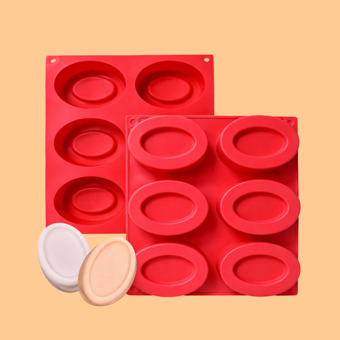 Two red silicone oval cavity soap mould trays showing cavity side and finished soap bar side, mold used for melt and pour soap making, DIY soap crafting, and artisan cosmetic product production.
