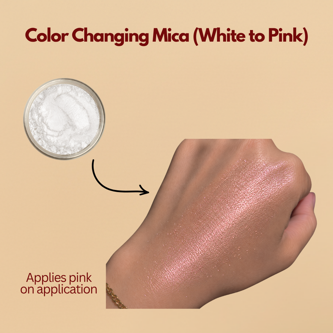 White to pink color changing mica pigment swatched on skin showing soft pink reflective shimmer after application. Cosmetic grade mica powder used in lip gloss, highlighters, skincare products, soap making, and creative cosmetic formulations. The image demonstrates the transformation effect of the mica pigment from white powder to pink shimmer on skin.