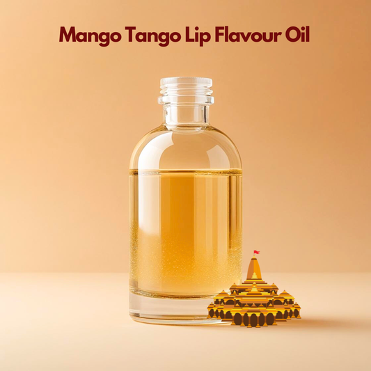 Clear bottle filled with golden liquid, labeled "Mango Tango Lip Flavour Oil," on a warm beige background, with a small graphic of a mango temple.