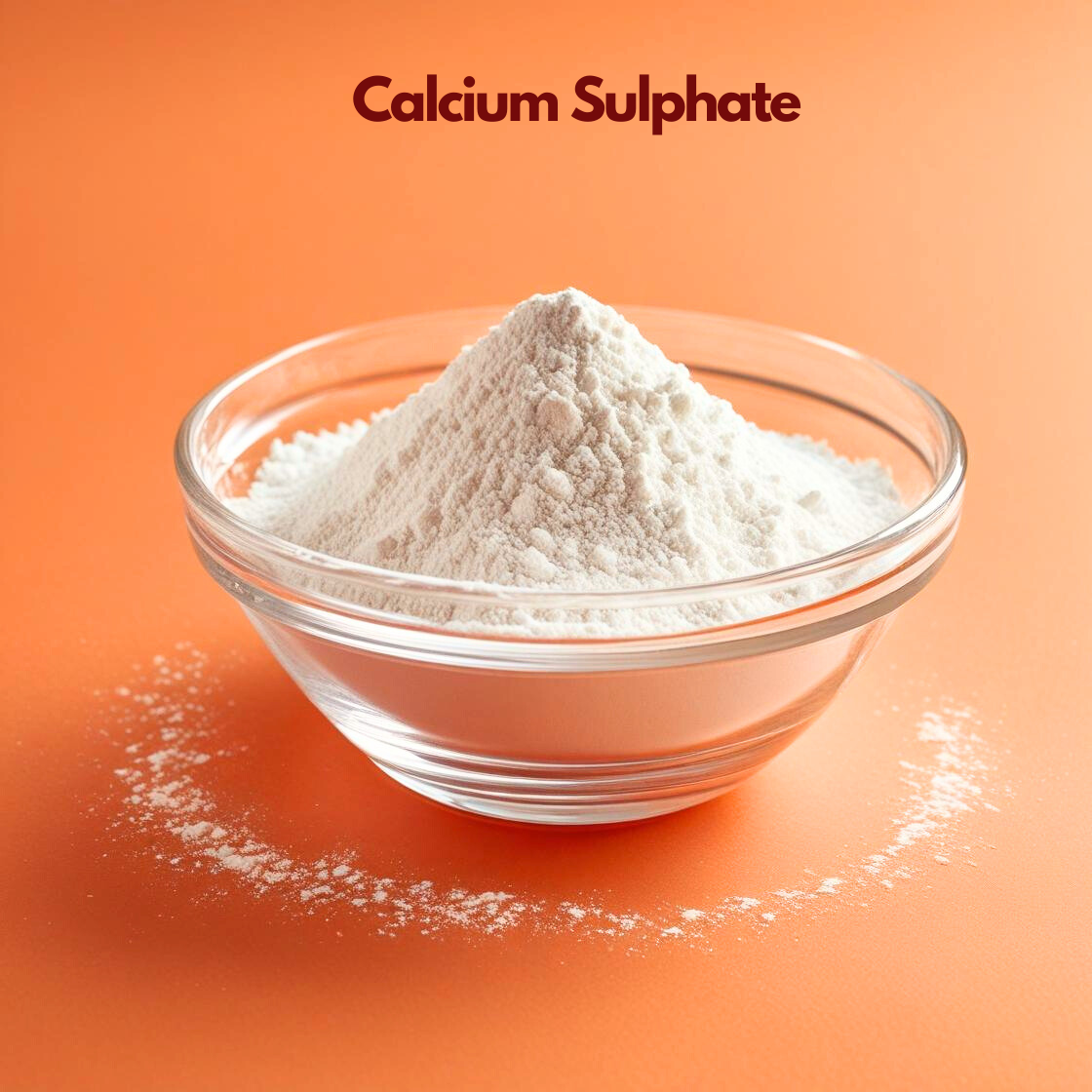  Calcium Sulphate cosmetic grade fine white powder presented in a transparent glass bowl on a clean background. Mineral based ingredient used in cosmetic formulations as a stabilizer, absorbent and texture enhancer in face masks, powders and personal care products.