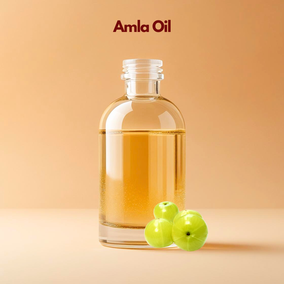 Cold pressed amla oil in glass bottle with fresh amla fruits, nourishing carrier oil from our carrier oil collection perfect for hair growth oils, scalp care and Ayurvedic cosmetic products.