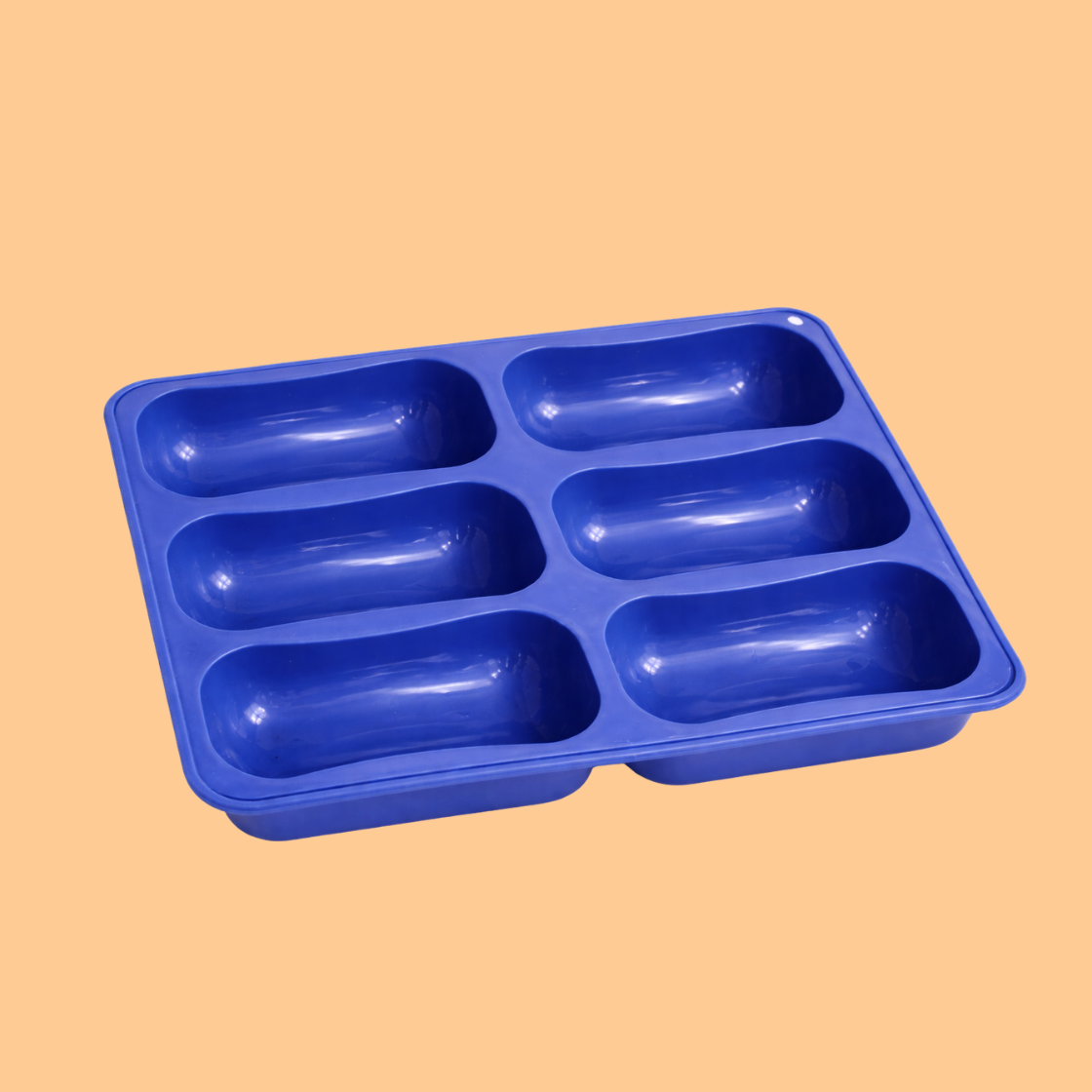 Blue silicone soap mould tray with six oval cavities placed on a neutral background, durable reusable mold used for handmade soap bars, DIY soap making, melt and pour soap crafting, and cosmetic manufacturing tools