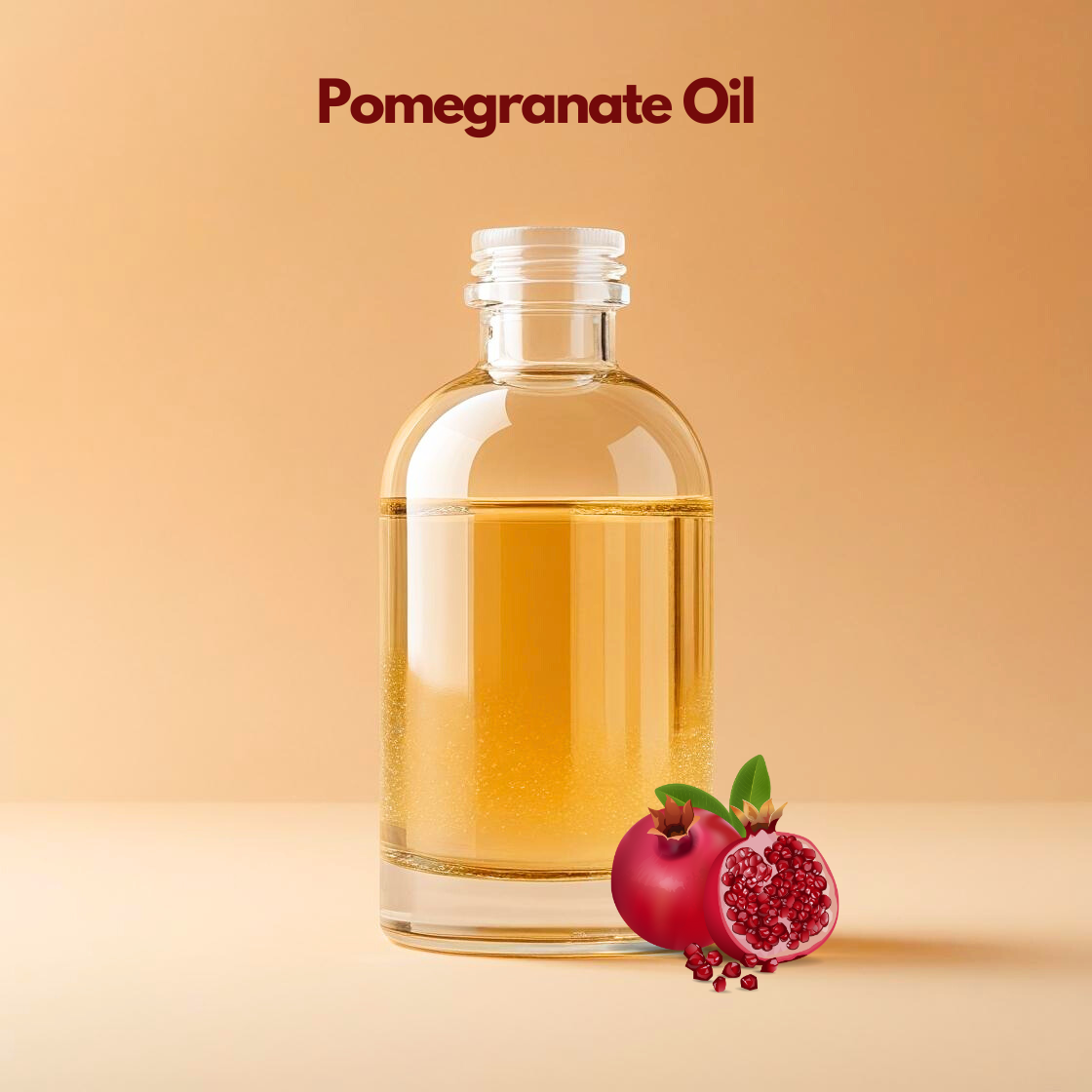 Pomegranate seed oil in clear glass bottle with ripe pomegranate fruit, antioxidant carrier oil from our carrier oil collection used for anti-aging serums, skin repair creams, and cosmetic formulations.