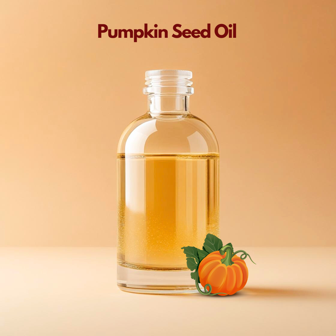 Pumpkin seed oil in transparent glass bottle with fresh pumpkin illustration, nourishing carrier oil from our carrier oil collection ideal for hair oils, scalp care and moisturizing skincare products.
