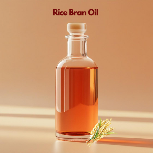 Rice bran oil in clear glass bottle with rice grains illustration, vitamin-rich carrier oil from our carrier oil collection suitable for anti-aging creams, body oils and cosmetic formulations.
