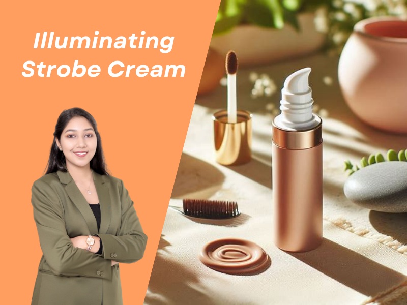 A high end cosmetic graphic. A female professional formulator stands on the left against a warm peach background. On the right, a sleek rose gold pump bottle stands next to a smooth, circular dollop of shimmering beige strobe cream. The background is a soft focus vanity setup with a pink ceramic vase and delicate white flowers. The text "Illuminating Strobe Cream" is at the top.