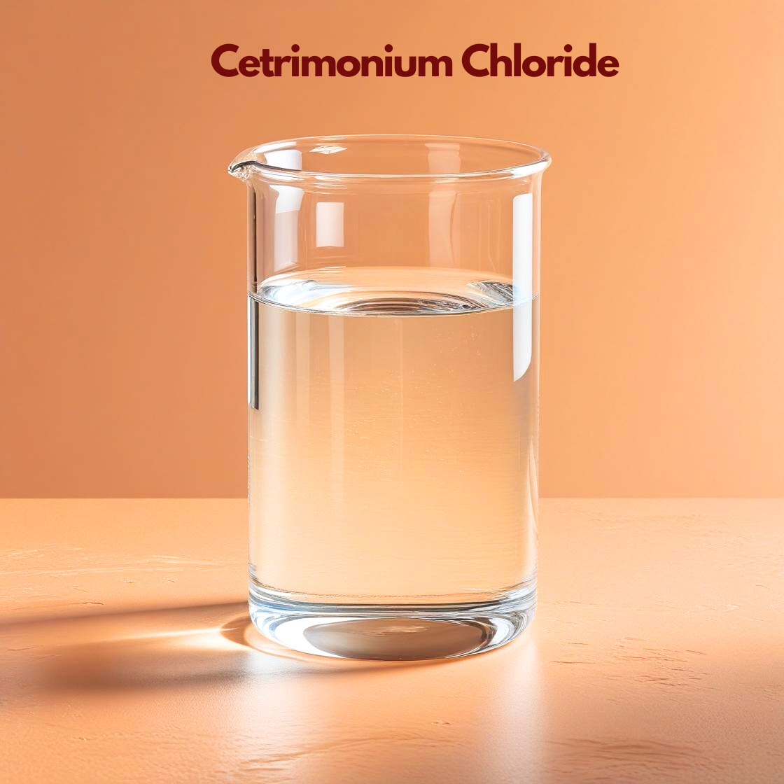  A clear glass laboratory beaker filled with Cetrimonium Chloride (CTAC)
, a transparent and colorless liquid with the clarity of water. The beaker is set on a light tan surface under bright light, casting a soft shadow to the left. The product name "Cetrimonium Chloride (CTAC)
 " is written at the top in maroon.
