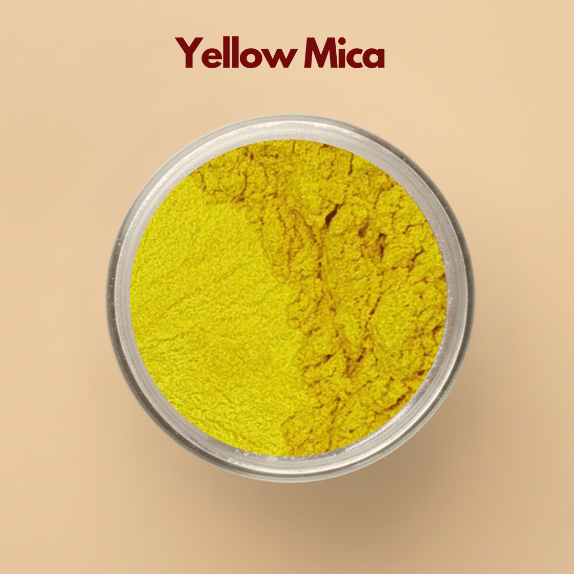 Yellow mica pigment powder in a transparent cosmetic container with bright yellow shimmer texture on a neutral beige background. Cosmetic grade mica powder used for soap making, bath bombs, makeup formulations, skincare products, resin art, and DIY beauty products. The image shows vibrant yellow cosmetic pigment powder with smooth finely milled texture.