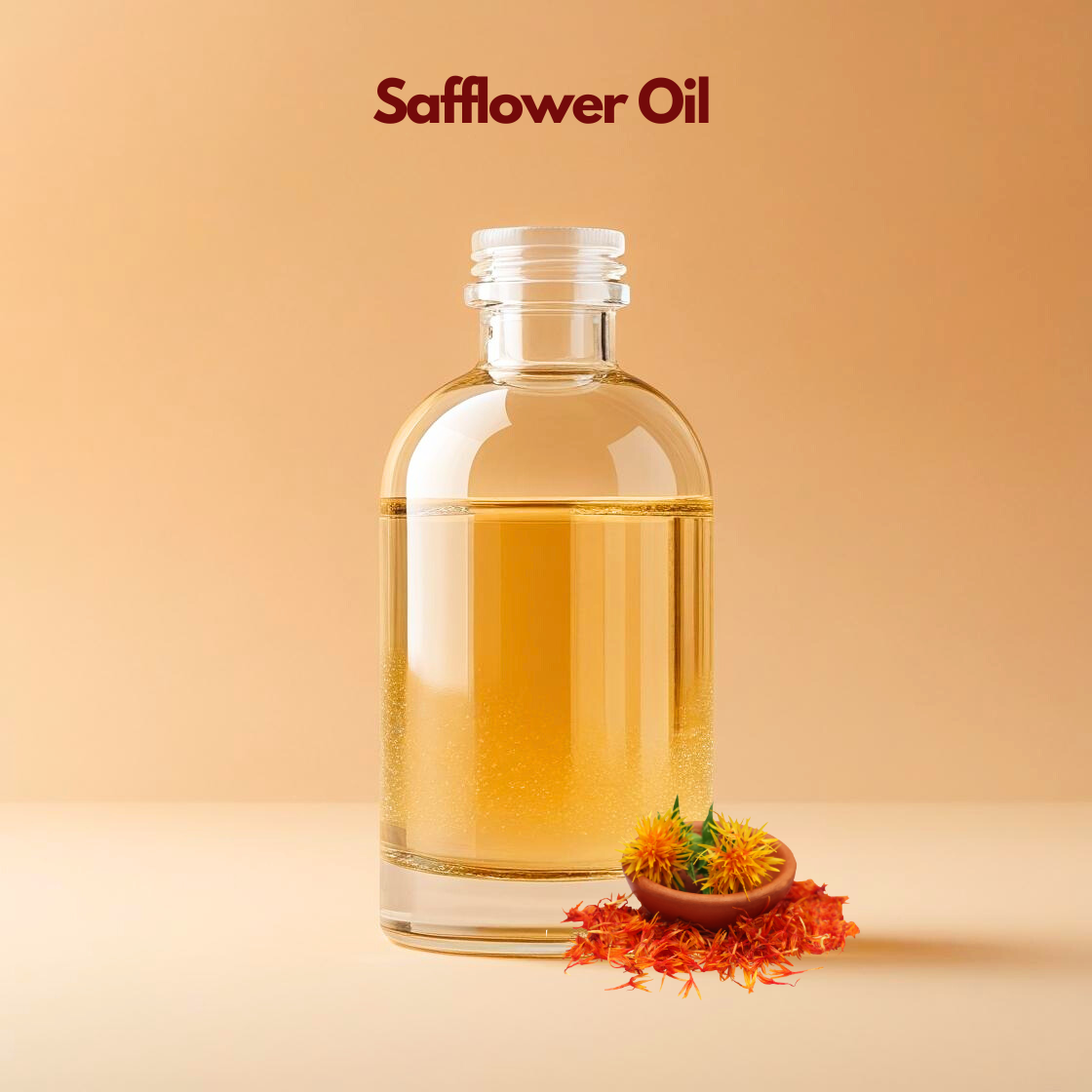 Safflower oil in clear bottle with safflower flowers, lightweight carrier oil from our carrier oil collection used for massage oils, moisturizing creams and cosmetic formulations.