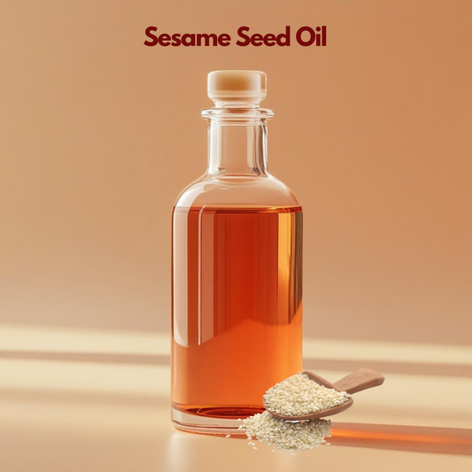 Sesame seed oil in transparent glass bottle with sesame seeds and scoop, traditional carrier oil from our carrier oil collection ideal for Ayurvedic massage oils, hair treatments and skincare products.